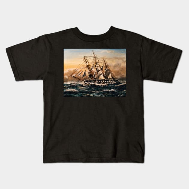 SQUARE RIGGER 'WAVERTREE'  IN A STORM Kids T-Shirt by MackenzieTar